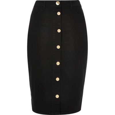 Black denim button-up pencil skirt